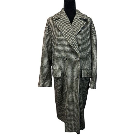 ZARA Houndstooth Wool Blend Long Coat Size L Brown Navy Double Breasted - Picture 2 of 14